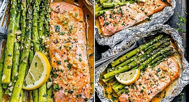 Baked Salmon in Foil with Asparagus and Garlic Lemon Butter Sauce