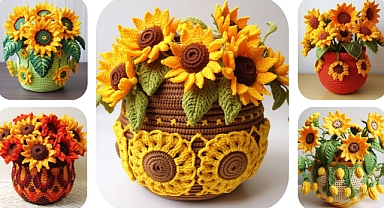 YELLOW WOOL CROCHET SUNFLOWER WITH PLANTER ???? IDEA #CROCHET #SUNFLOWER #YELLOW WOOL AI MADE DESIGN 