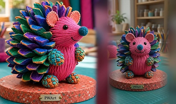DIY Colorful Yarn and Pinecone Hedgehog Craft
